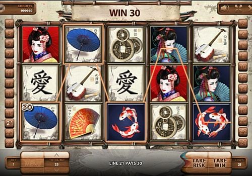Игровой автомат Geisha - призовая комбинация с диким знаком Призовая комбинация с диким знаком в игровом автомате Geisha